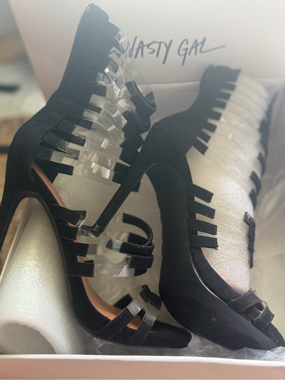 Nasty Gal Black Strappy Clear Panel Stiletto Sandals 7.5